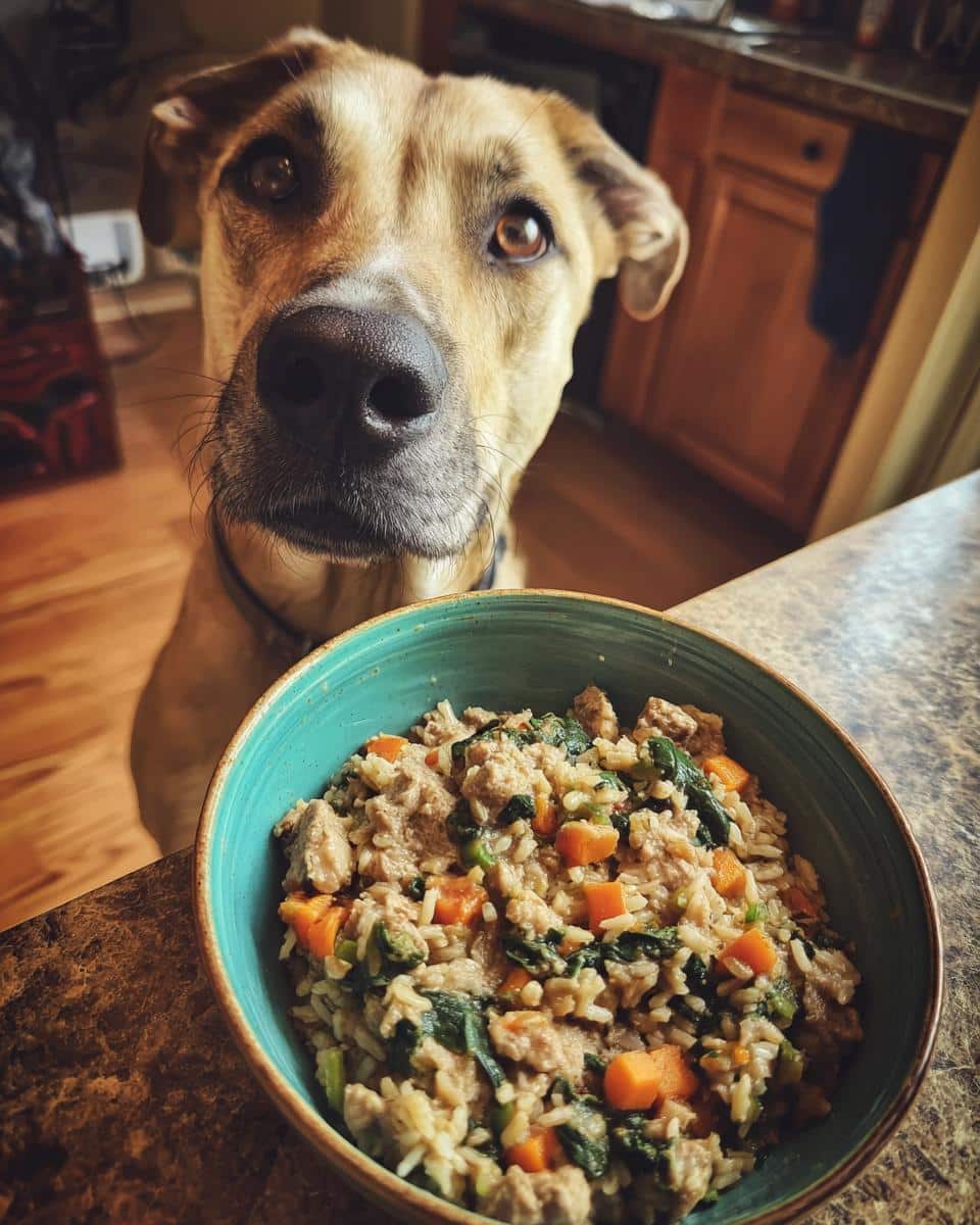 A dog looks longingly at a bowl of Chicken Liver & Spinach Large Dog Meal.