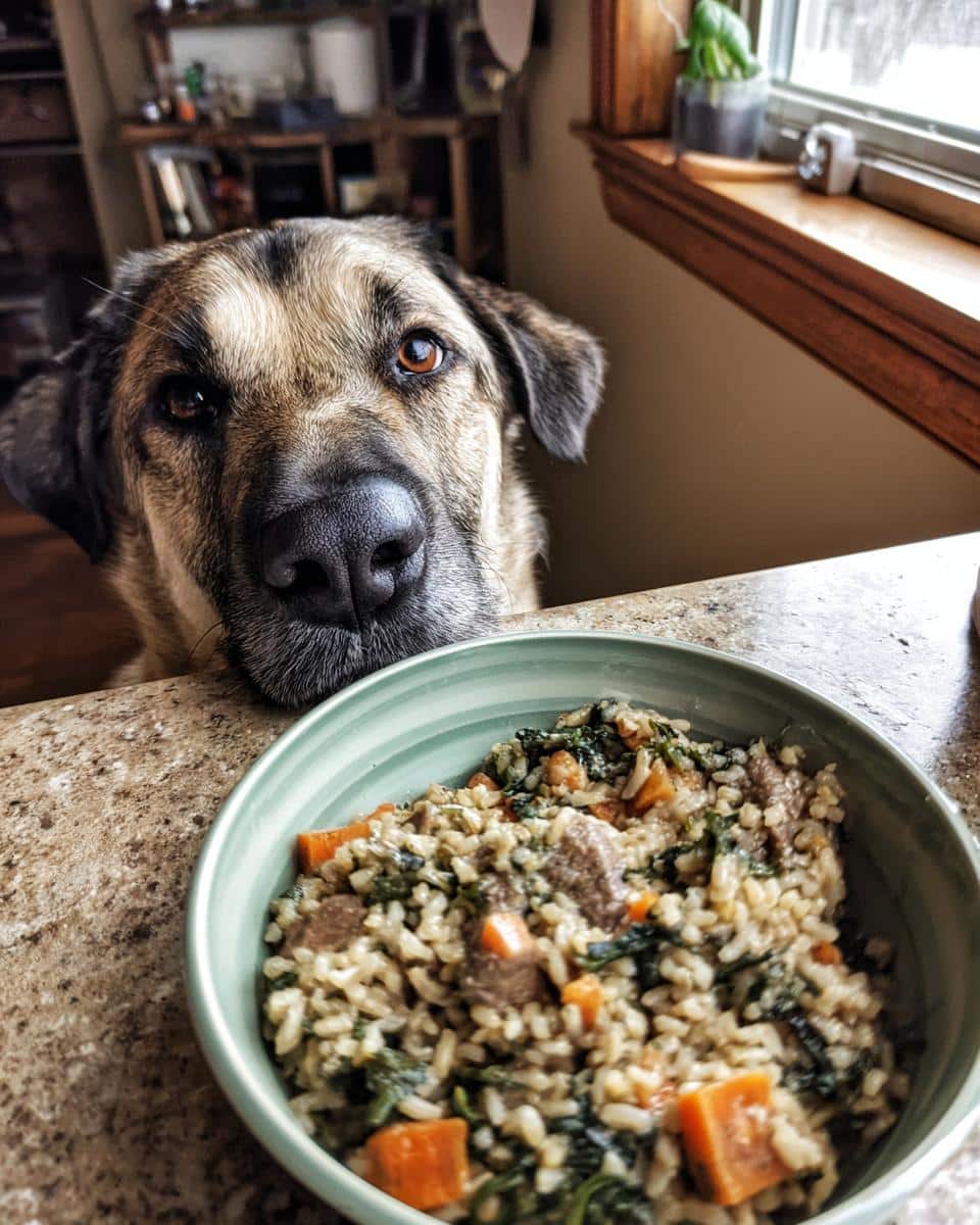 A large dog looks longingly at a bowl of Chicken Liver & Spinach Large Dog Meal.