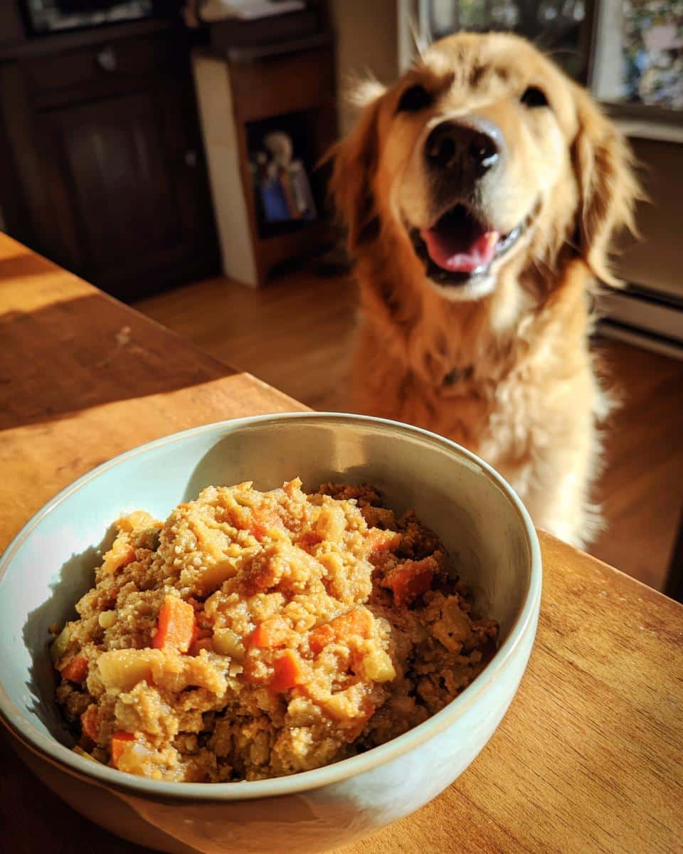 Bowl of Chicken Liver & Veggies Dog Food with a smiling Golden Retriever in the background, eager to eat.