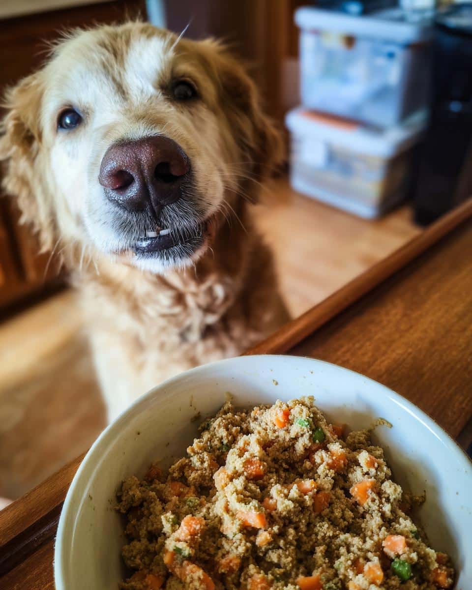 Golden Retriever dog looking expectantly at a bowl of Chicken Liver & Veggies Dog Food Recipe.