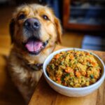 Golden retriever eagerly awaits a bowl of Chicken Liver & Veggies Dog Food. Healthy and homemade!