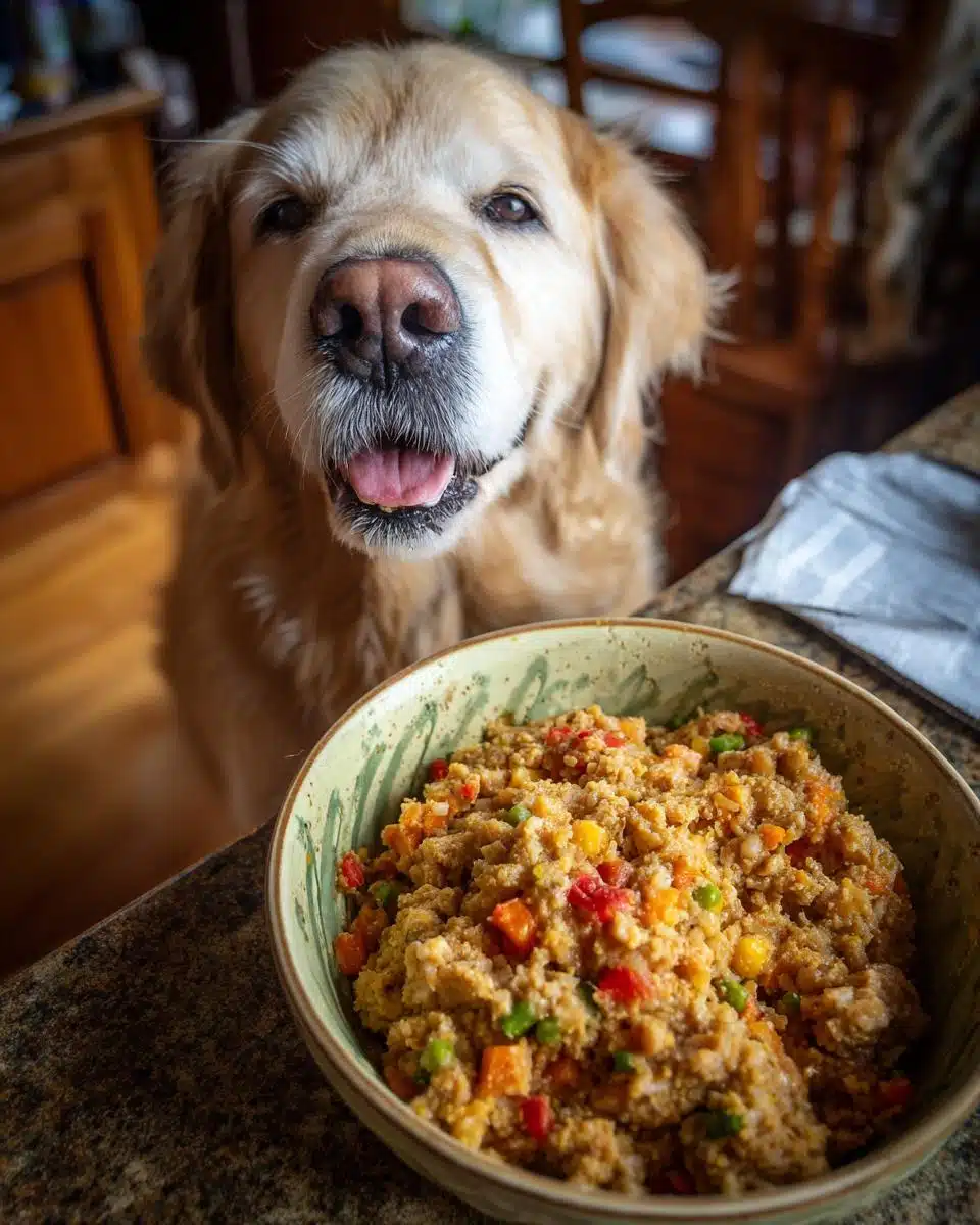 Golden retriever looking at a bowl of Chicken Liver & Veggies Dog Food. Healthy homemade meal for pets.