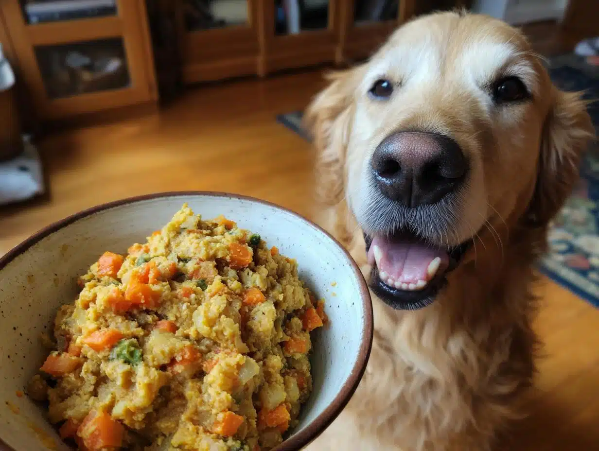 Happy golden retriever dog looking at a bowl of Chicken Liver & Veggies Dog Food.