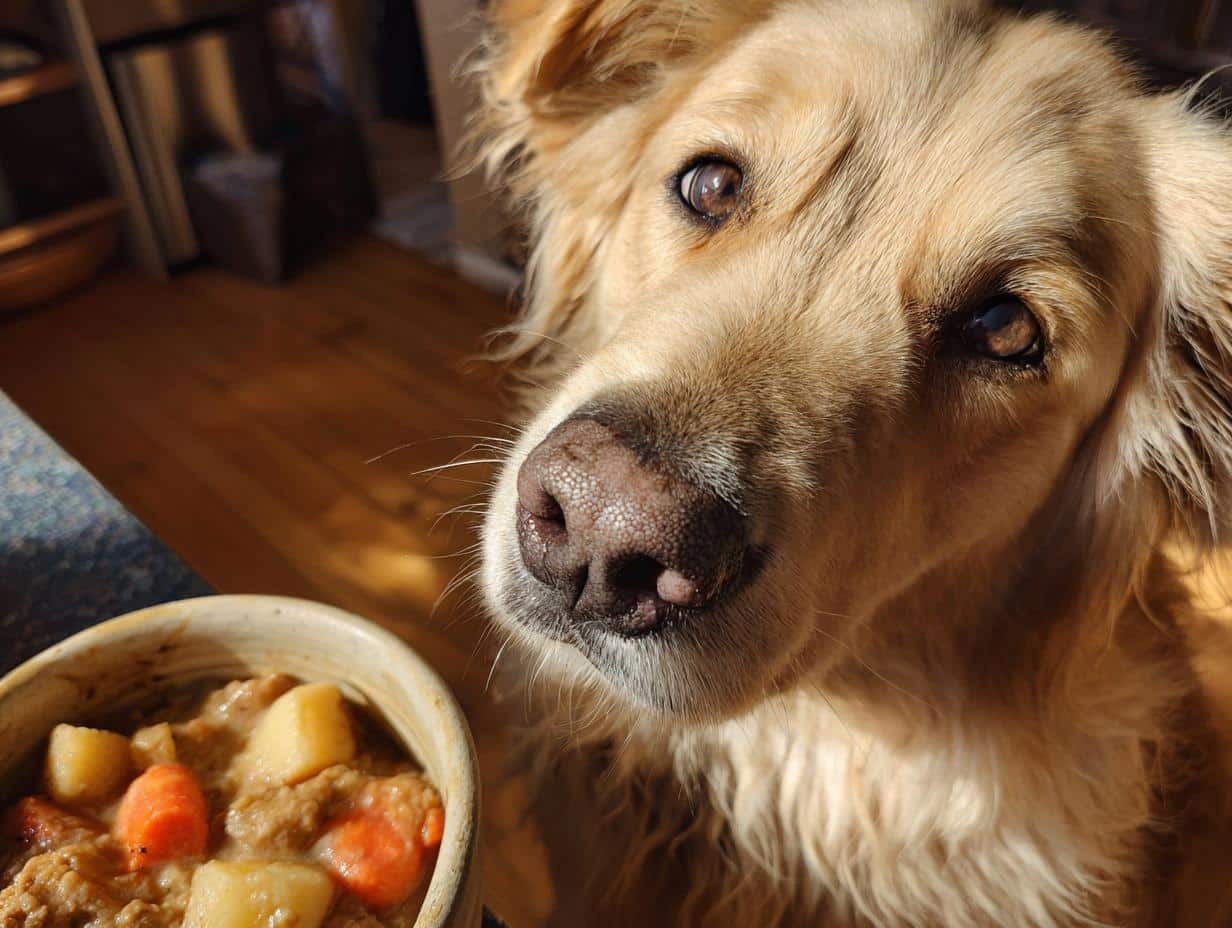 Golden retriever puppy dog looking at a bowl of Chicken Liver & Veggies Puppy Dog Recipe.