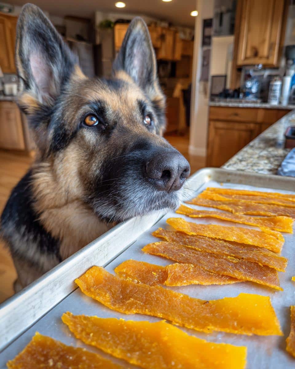 A German Shepherd intently watches a tray of Chicken Pumpkin Jerky for Dogs, ready to enjoy the treat.