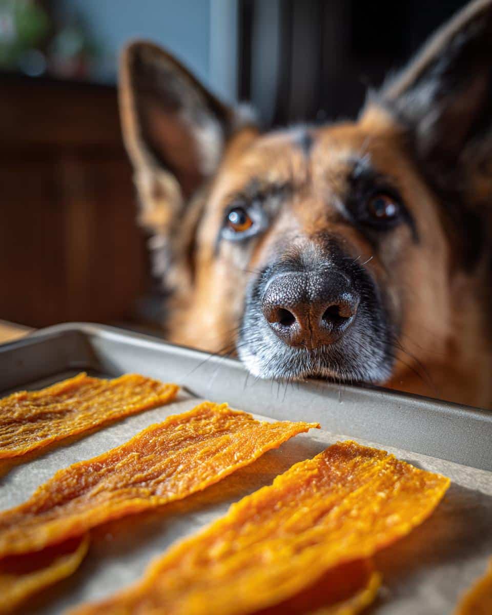 German Shepherd dog intensely watching a tray of homemade Chicken Pumpkin Jerky.