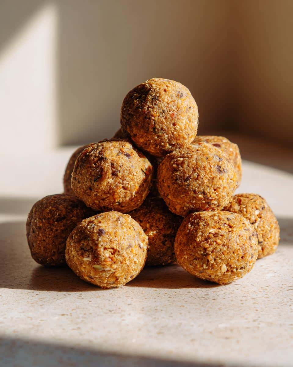 A stack of homemade Dog Treats: Chicken & Rice Balls on a countertop, ready to be served.