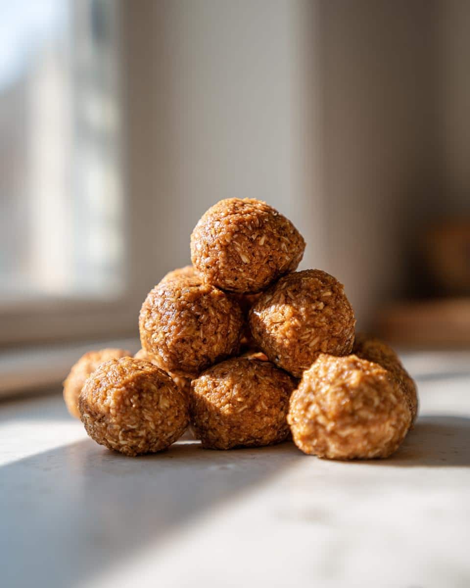 A stack of homemade Chicken & Rice Balls dog treats, perfect for rewarding your furry friend.