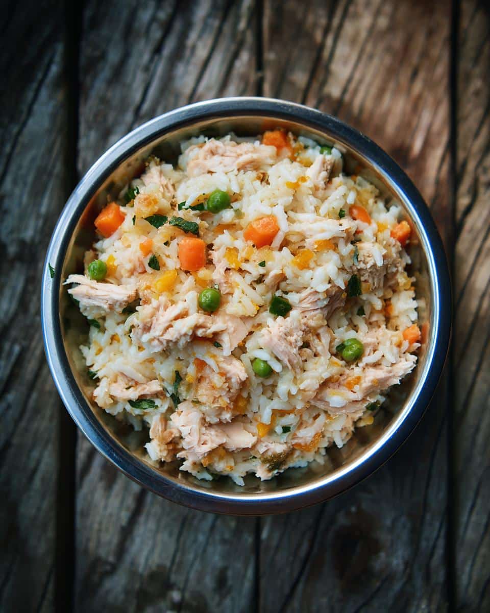 Bowl of homemade Chicken and Rice Dog Food with visible chicken, rice, carrots, and green beans.
