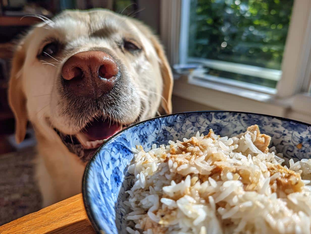A happy golden Labrador eagerly awaits a bowl of the Best Chicken & Rice Dog Food Recipe.