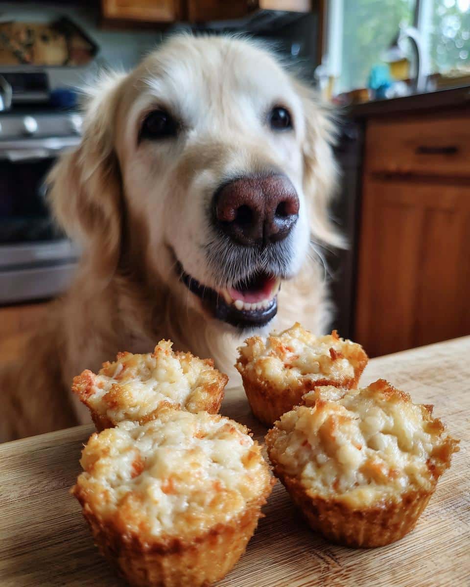 Golden Retriever dog looking at Chicken & Rice Mini Muffins. Homemade dog treat recipe.