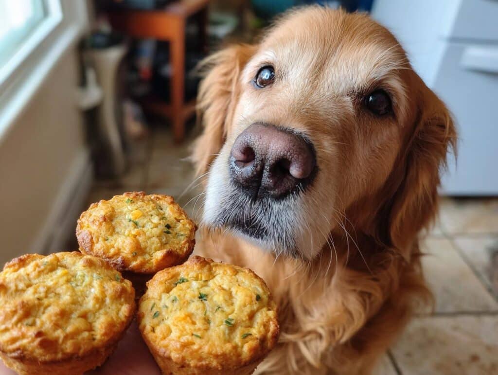 Golden Retriever dog looks longingly at Chicken & Rice Mini Muffins. Recipe for Dogs.