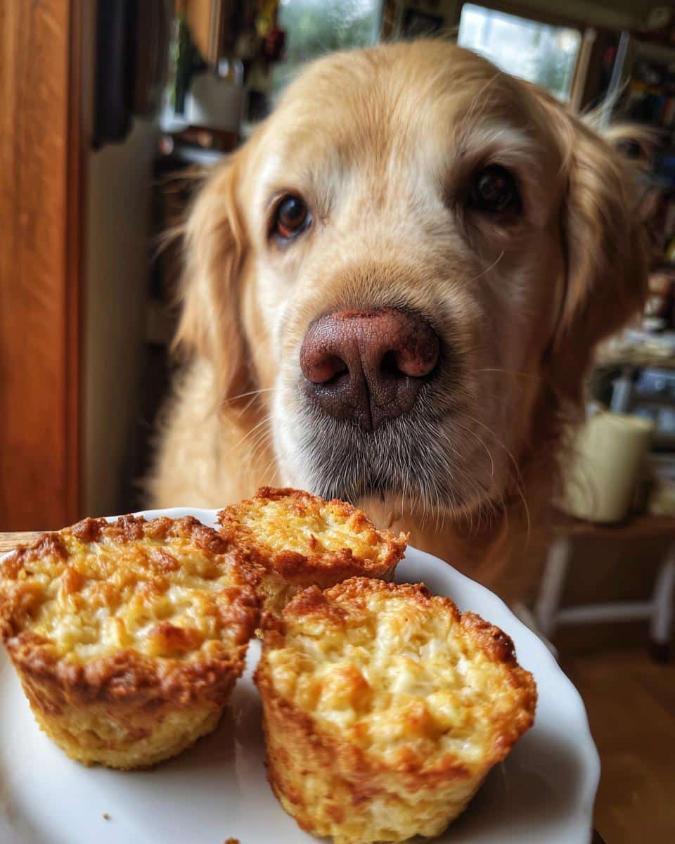Golden Retriever looking at a plate of Chicken & Rice Mini Muffins – Recipe for Dogs. Focus on the muffins.
