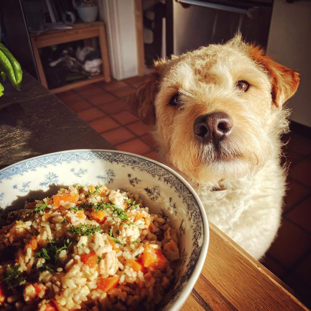 A cute puppy dog looks longingly at a bowl of Chicken & Rice Puppy Dog Food Recipe.