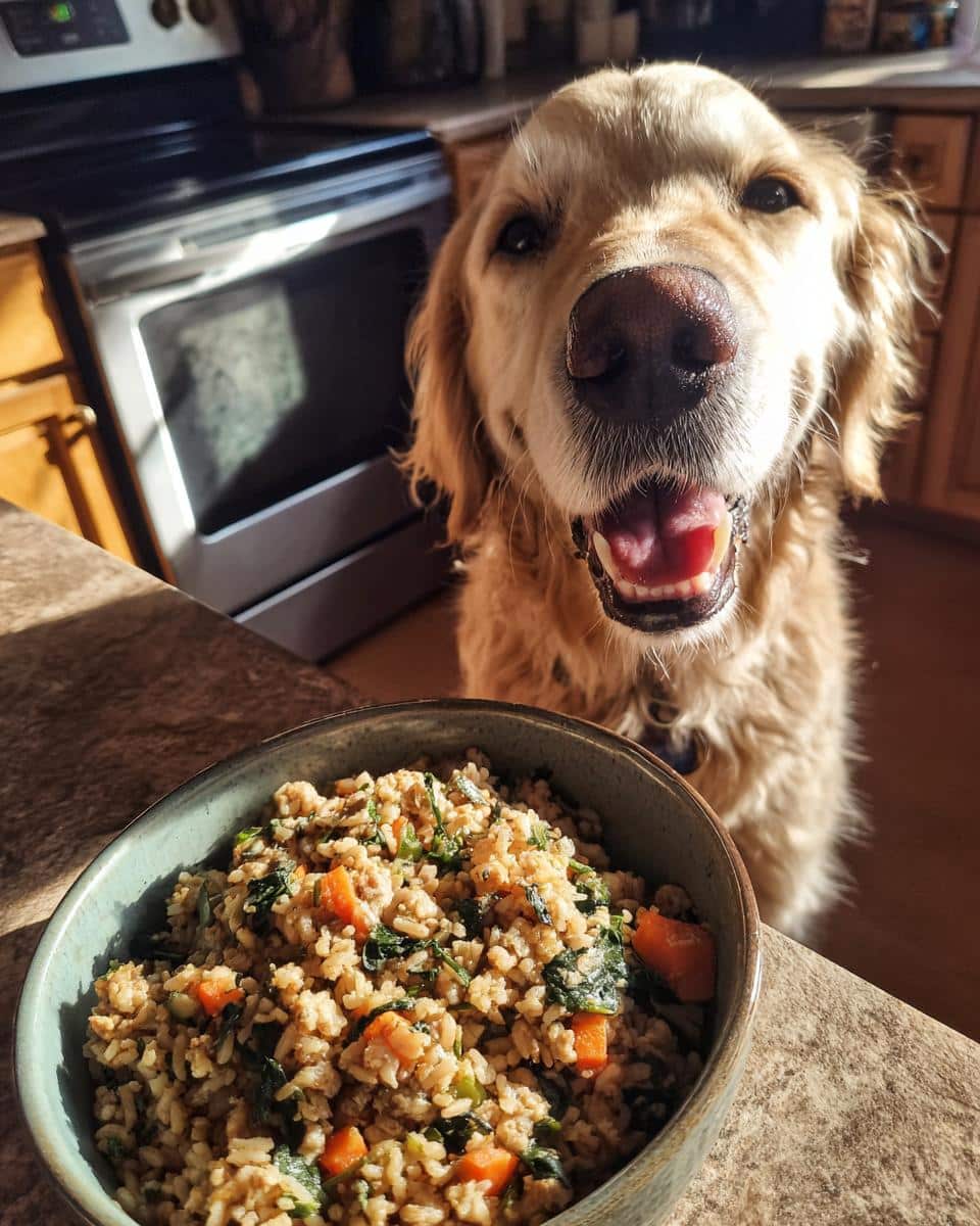 Golden retriever eagerly awaits a bowl of Chicken & Spinach Healthy Dog Food. Homemade dog food recipe.