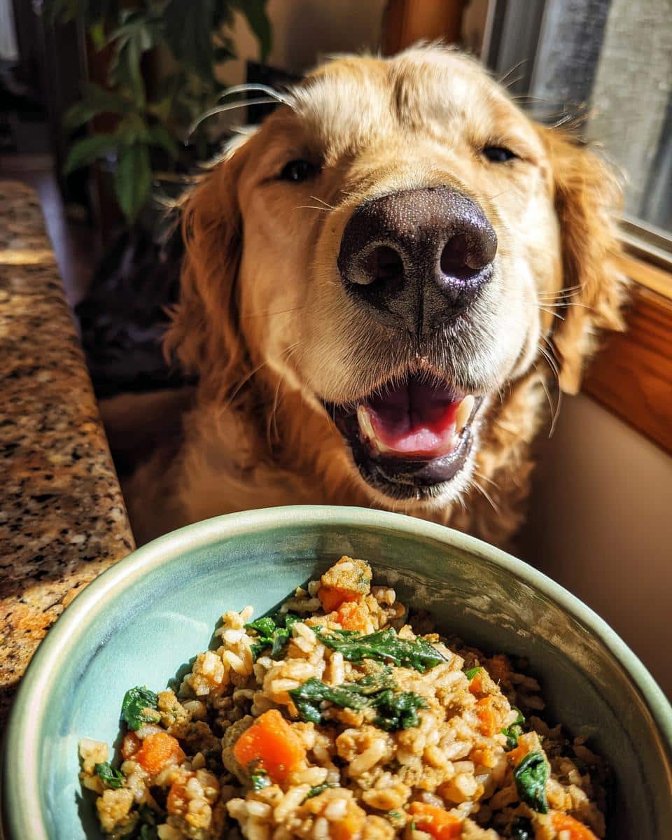 Golden Retriever eagerly awaits a bowl of Chicken & Spinach Healthy Dog Food.
