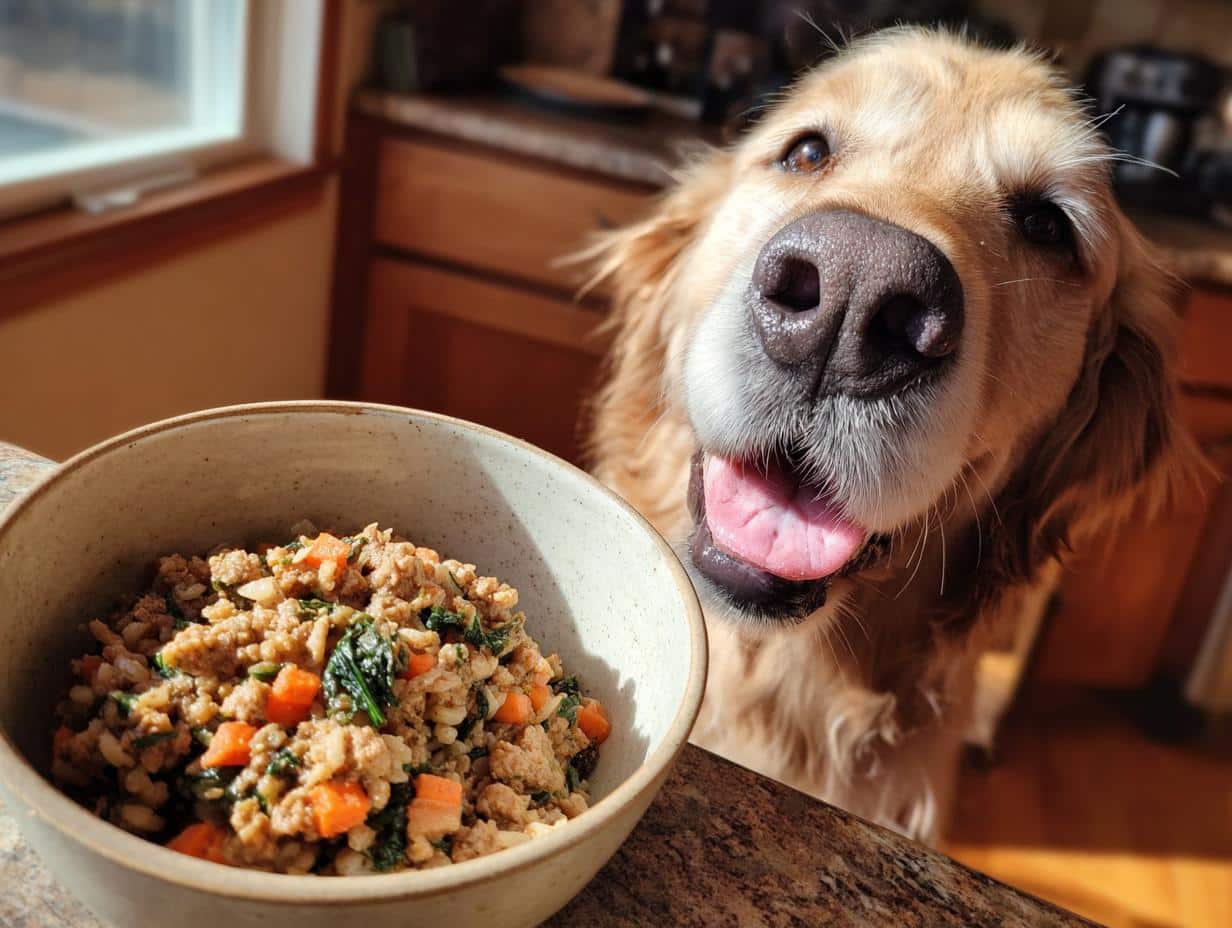 Happy Golden Retriever dog looking at a bowl of Chicken & Spinach Healthy Dog Food.