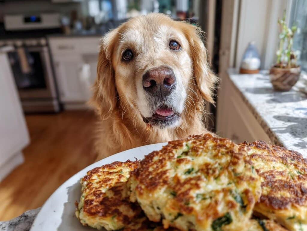 Golden Retriever dog looking at a plate of Chicken & Spinach Pancakes – a delicious recipe for dogs.