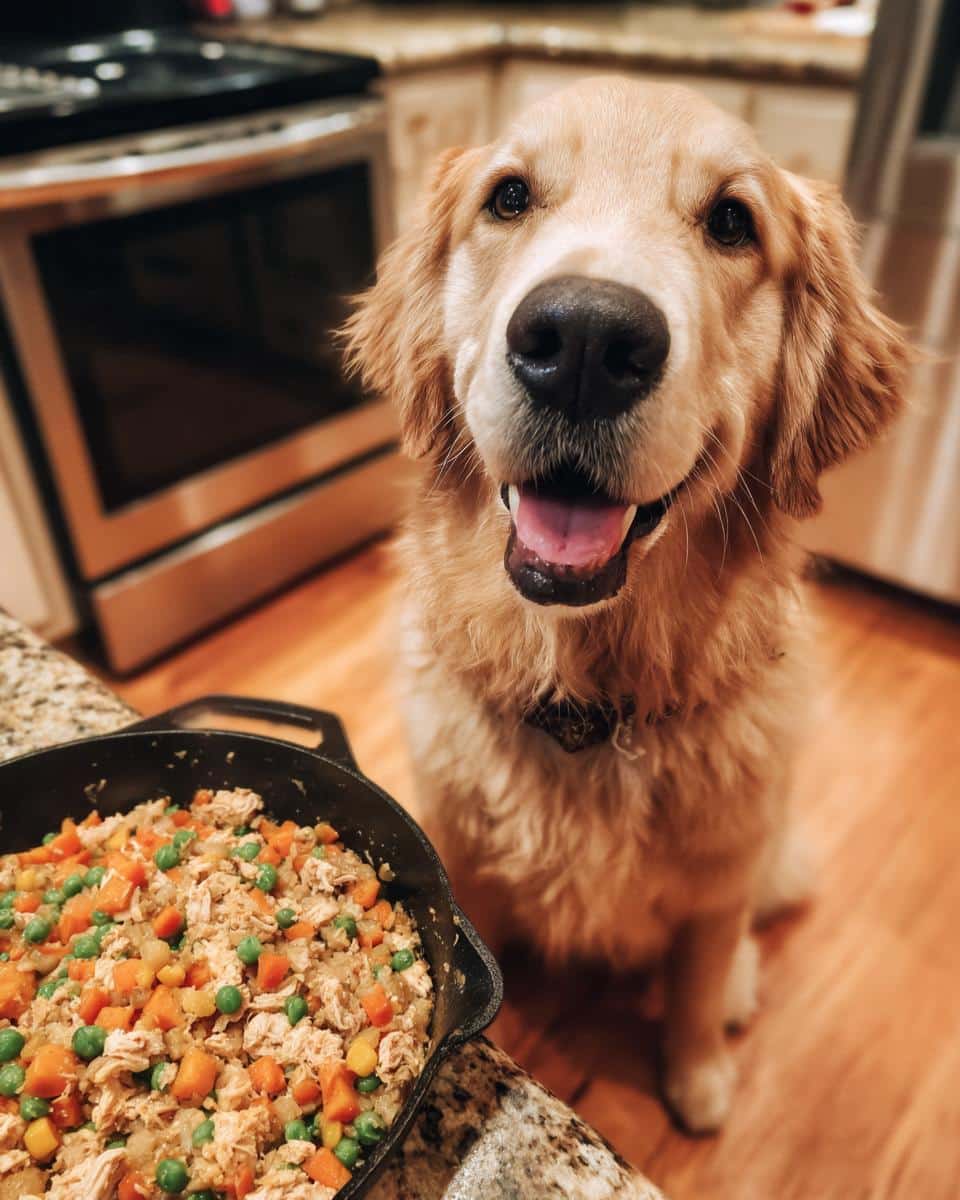 Golden Retriever dog sitting next to a skillet of Easy Chicken & Veggie Skillet Dog Meal, looking happy.