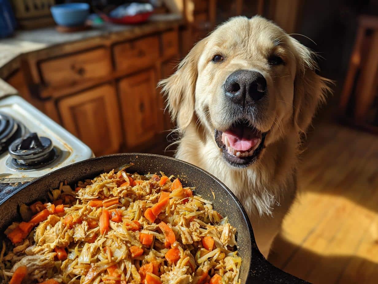 Golden Retriever dog looking happily at a skillet of Easy Chicken & Veggie Skillet Dog Meal.