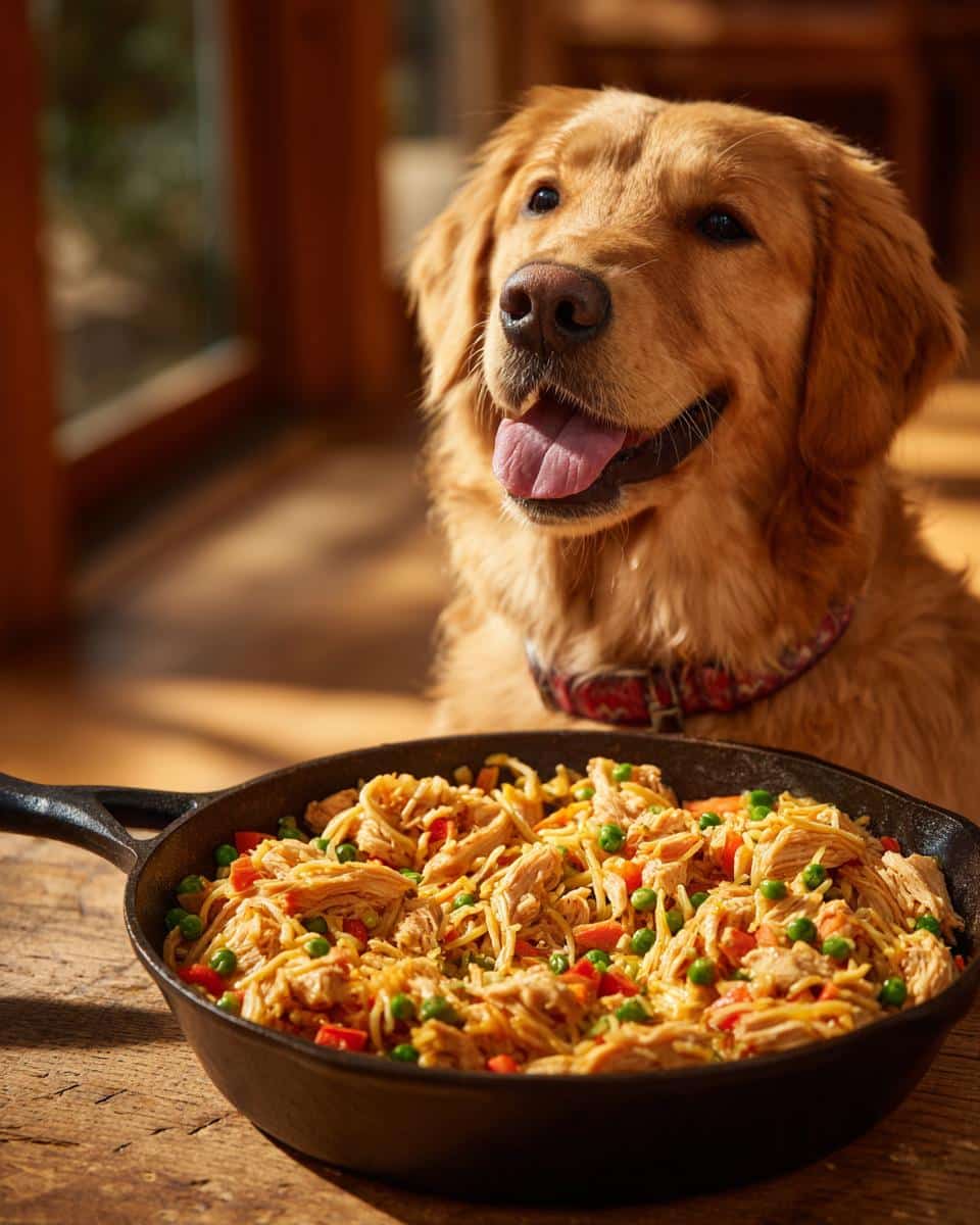Golden Retriever dog looking at a skillet of Easy Chicken & Veggie Skillet Dog Meal.