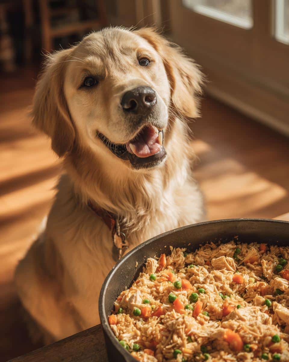 Golden Retriever dog looking at a skillet of Easy Chicken & Veggie Skillet Dog Meal.