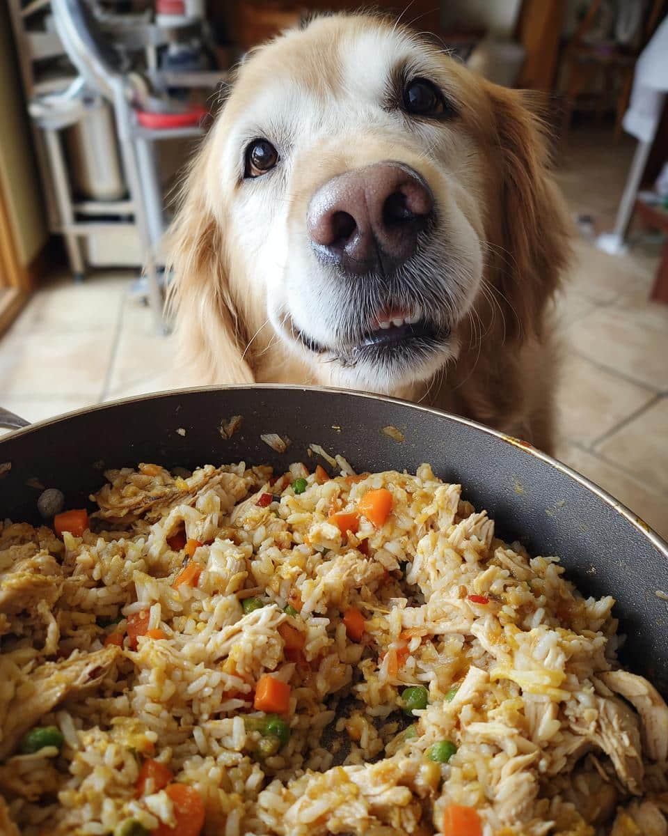 Golden Retriever looking longingly at a skillet of Easy Chicken & Veggie Skillet Dog Meal.