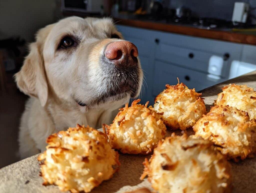 A golden retriever looks longingly at a batch of Coconut & Honey Bites – Recipe for Dogs.