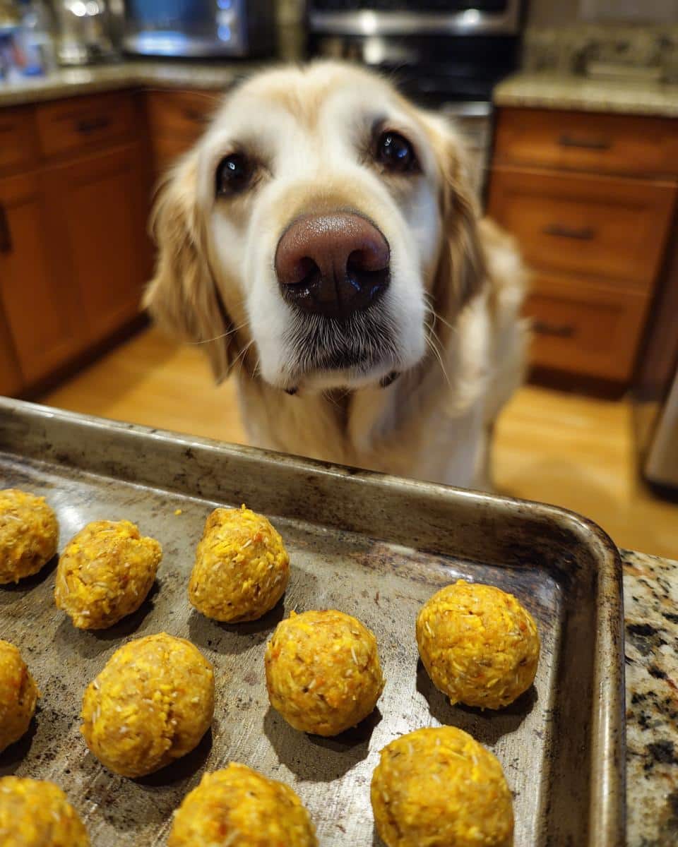 Golden Retriever dog looking at a tray of Coconut Pumpkin Balls – Recipe for Dogs.
