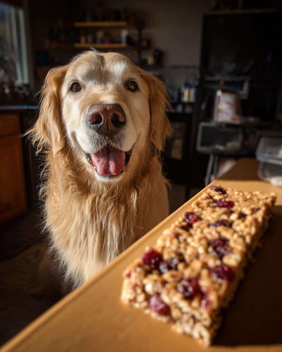 Golden Retriever looking at a cranberry oat bar. Recipe for Dogs.