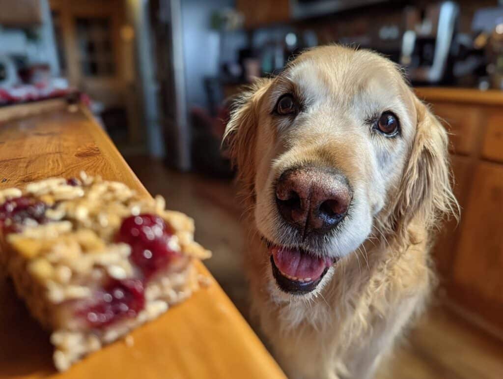 Golden Retriever dog looking at the camera next to a Cranberry Oat Bar, recipe for dogs.