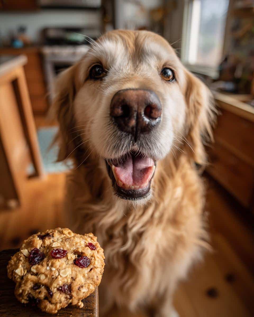 Golden Retriever eagerly awaits a Cranberry Oatmeal Biscuit. Homemade dog treat recipe.