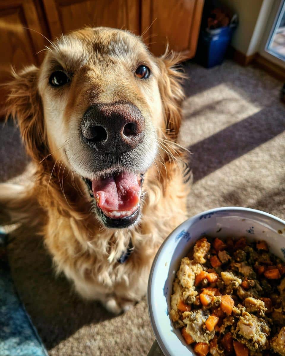 Golden Retriever eagerly awaits a bowl of Crockpot Chicken & Green Beans Dog Food.