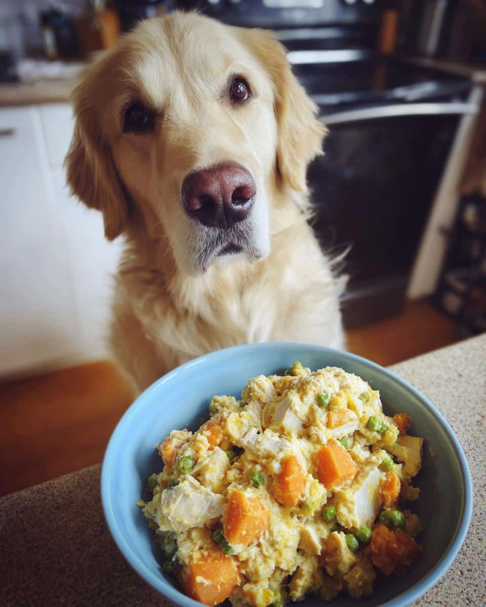 Golden retriever looking at a bowl of Crockpot Chicken & Pumpkin Dog Food. Homemade pet food.