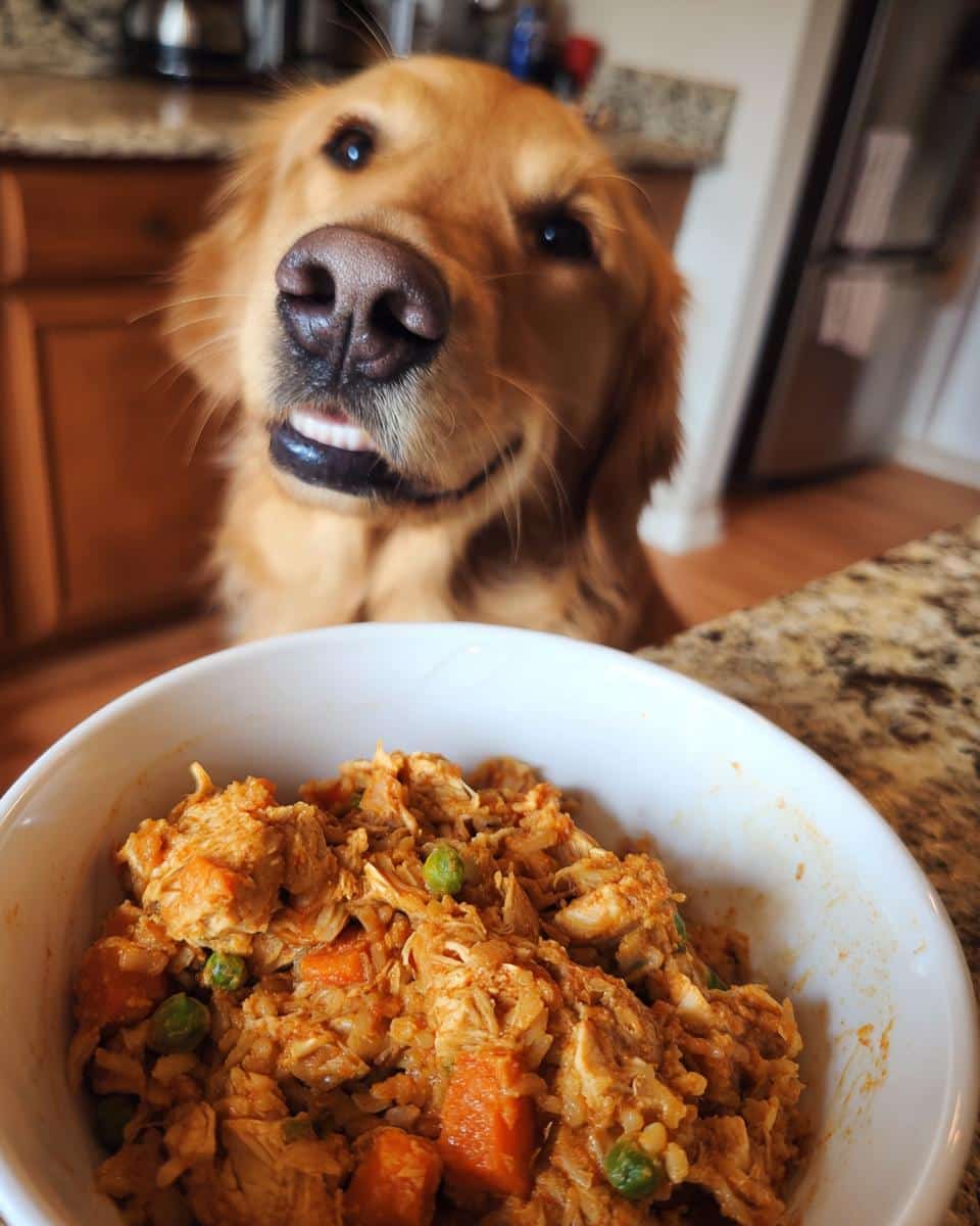 Golden retriever eagerly awaits a bowl of Crockpot Chicken & Pumpkin Dog Food.