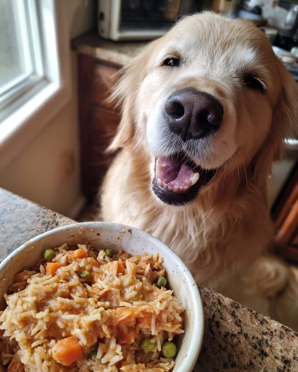 Golden Retriever eagerly awaits a bowl of Crockpot Chicken & Pumpkin Dog Food.