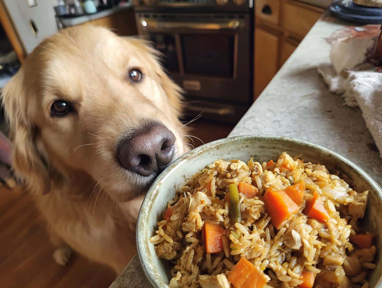 Golden Retriever dog looking at a bowl of Crockpot Chicken & Pumpkin Dog Food.