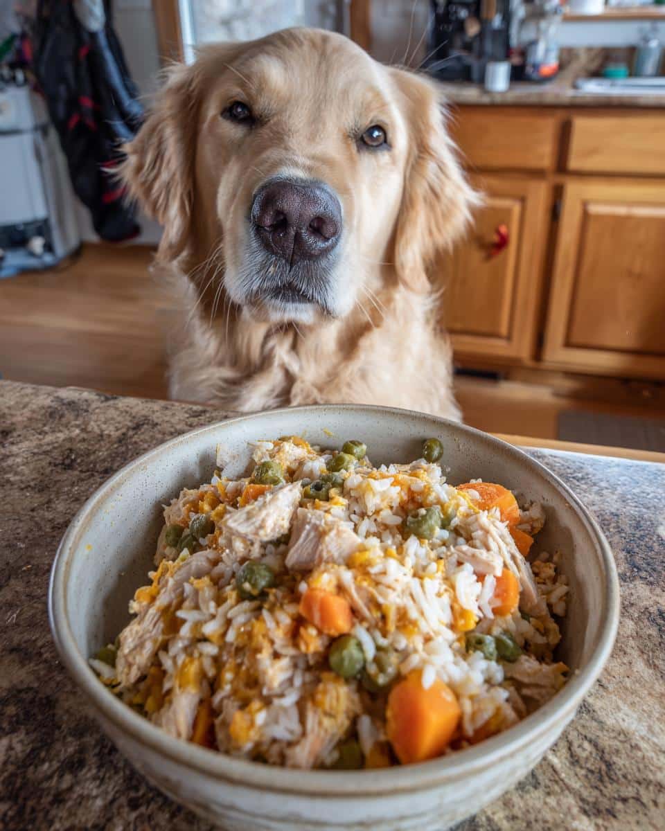 Golden Retriever dog looking at a bowl of Crockpot Chicken & Pumpkin Dog Food with rice, carrots, and peas.