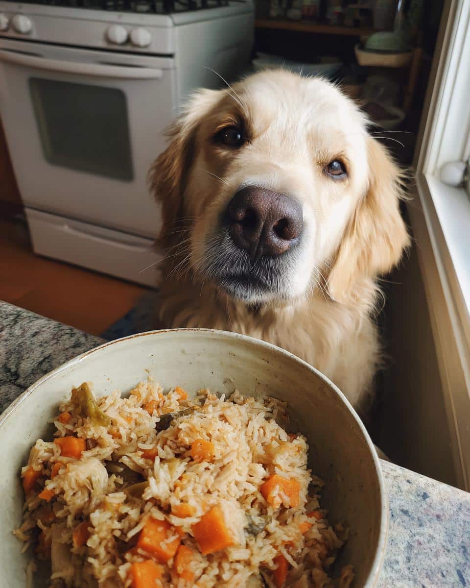 Golden Retriever dog looking at a bowl of Crockpot Chicken & Pumpkin Dog Food.
