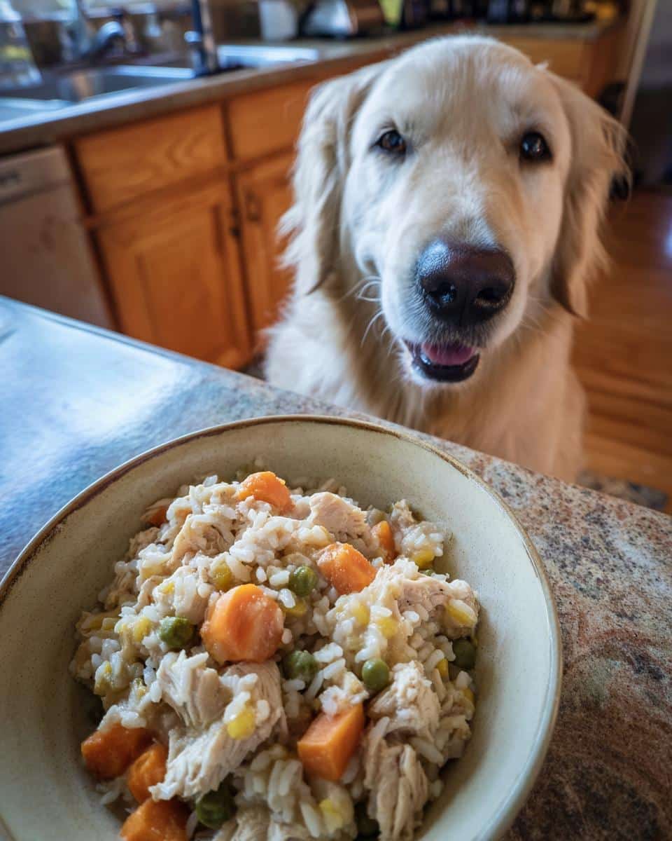 Golden retriever eagerly awaits a bowl of Crockpot Chicken & Pumpkin Dog Food. Healthy and delicious!