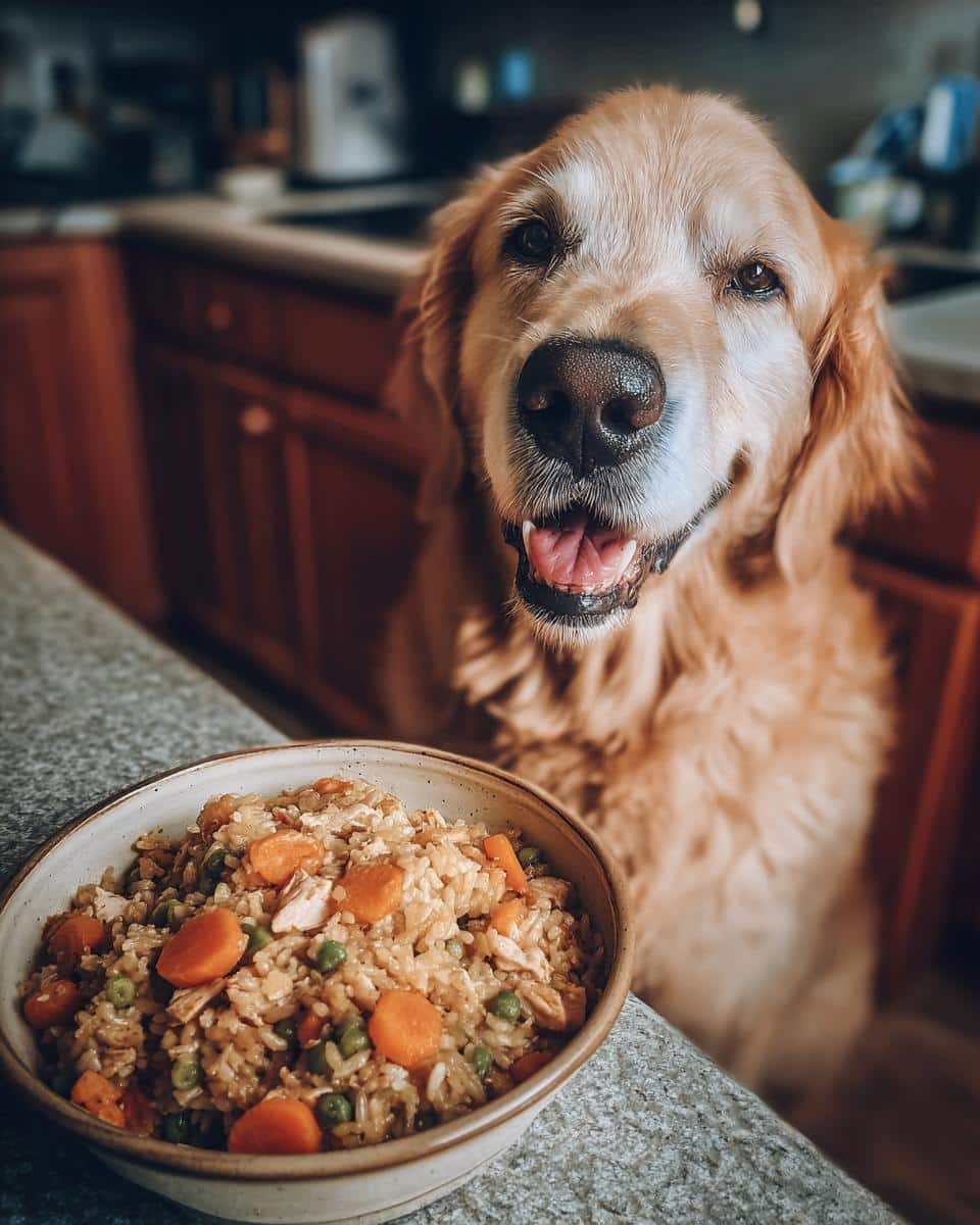 Golden Retriever dog looking at a bowl of Crockpot Chicken & Pumpkin Dog Food.
