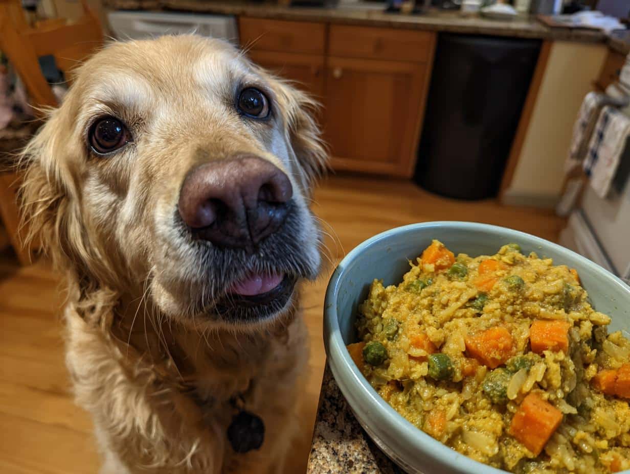 Golden Retriever dog looking at a bowl of Crockpot Chicken & Veggies Small Dog Food.