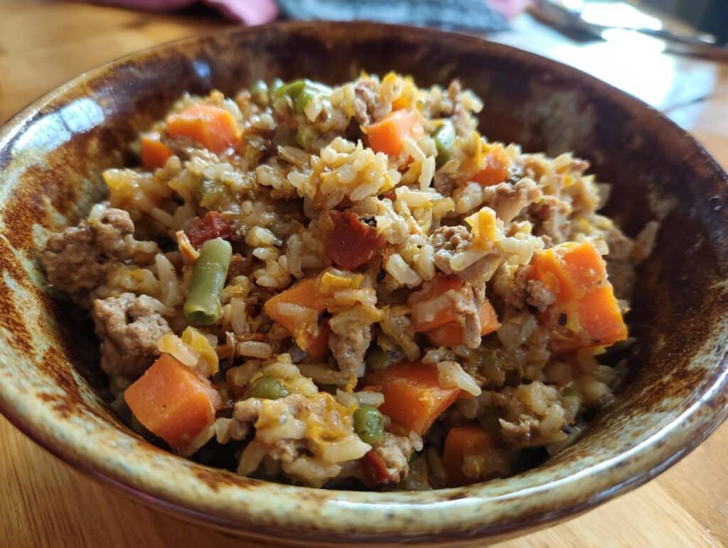 A bowl of homemade Crockpot Dog Food Recipe with rice, carrots, meat, and green beans.