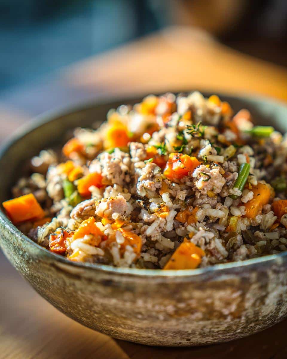 Close-up of a bowl filled with a Crockpot Dog Food Recipe, featuring meat, rice, and vegetables.