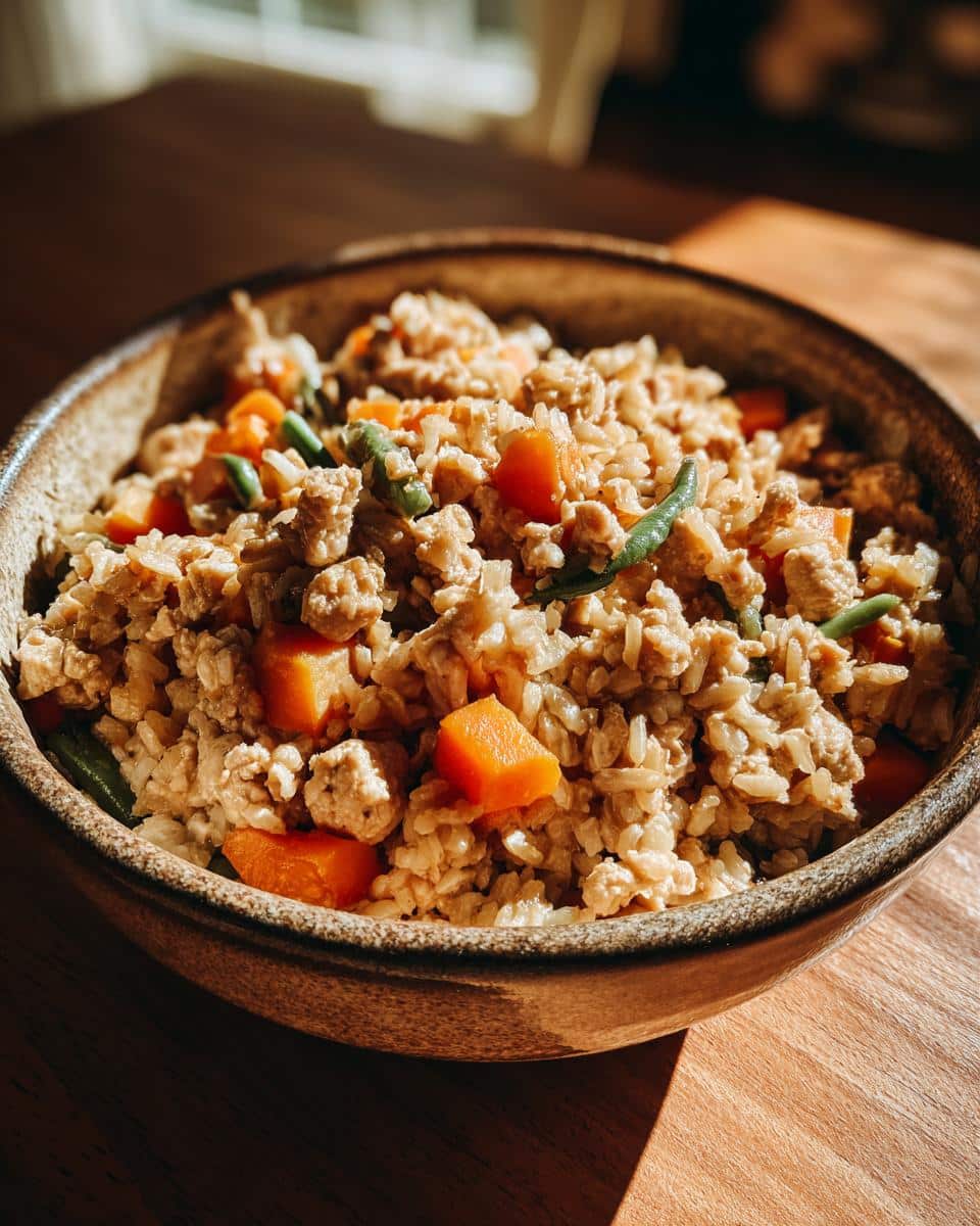 Bowl of homemade Crockpot Dog Food Recipes with rice, meat, carrots, and green beans.
