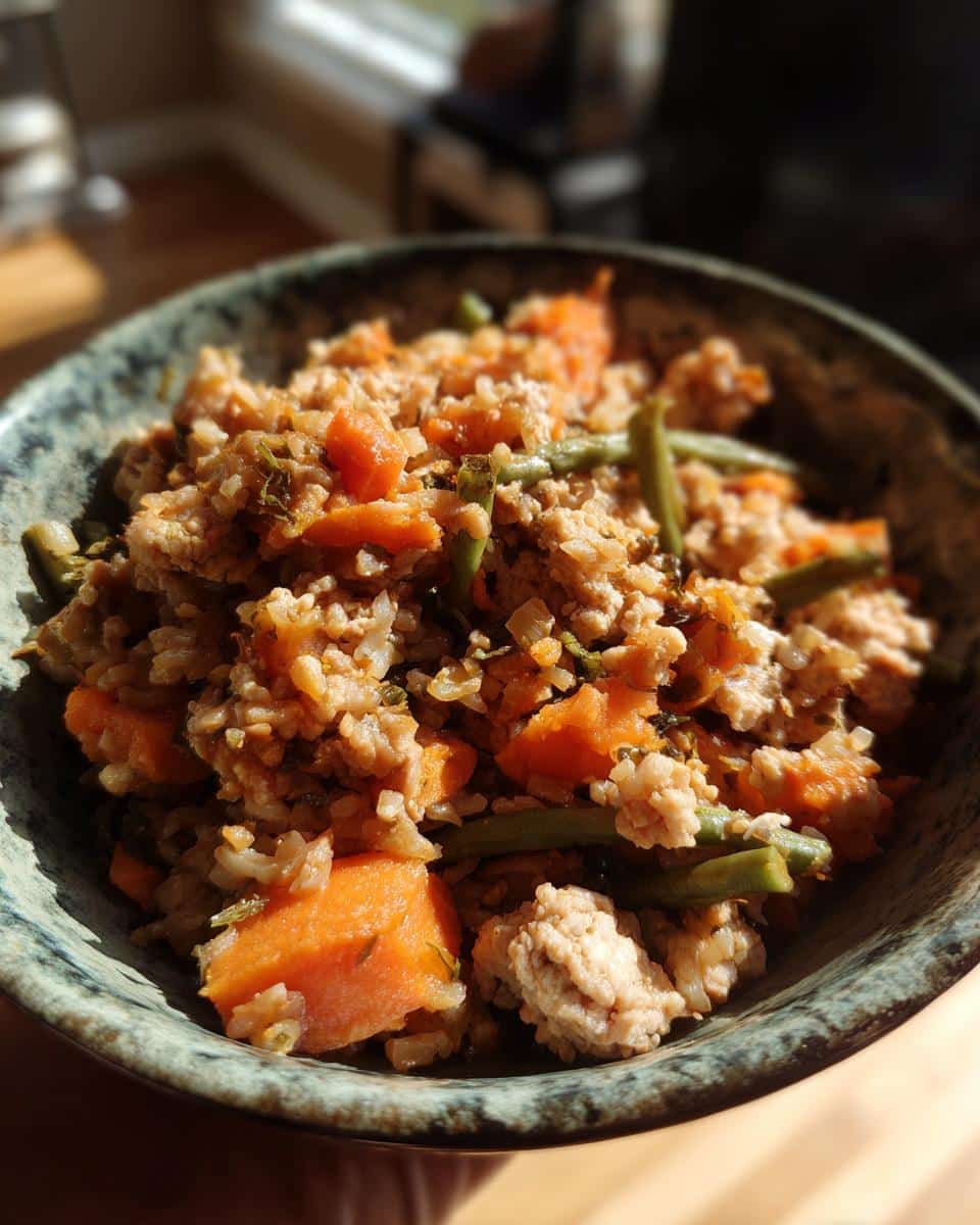 A bowl of homemade Crockpot Dog Food Recipes with sweet potatoes, green beans, rice, and meat.
