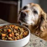 Golden retriever dog eagerly awaits a bowl of Crockpot Lentil & Turkey Dog Food.