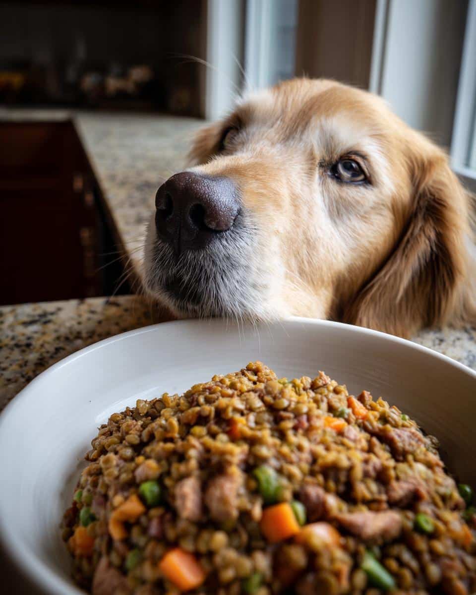 A golden retriever longingly looks at a bowl of Crockpot Lentil & Turkey Dog Food.