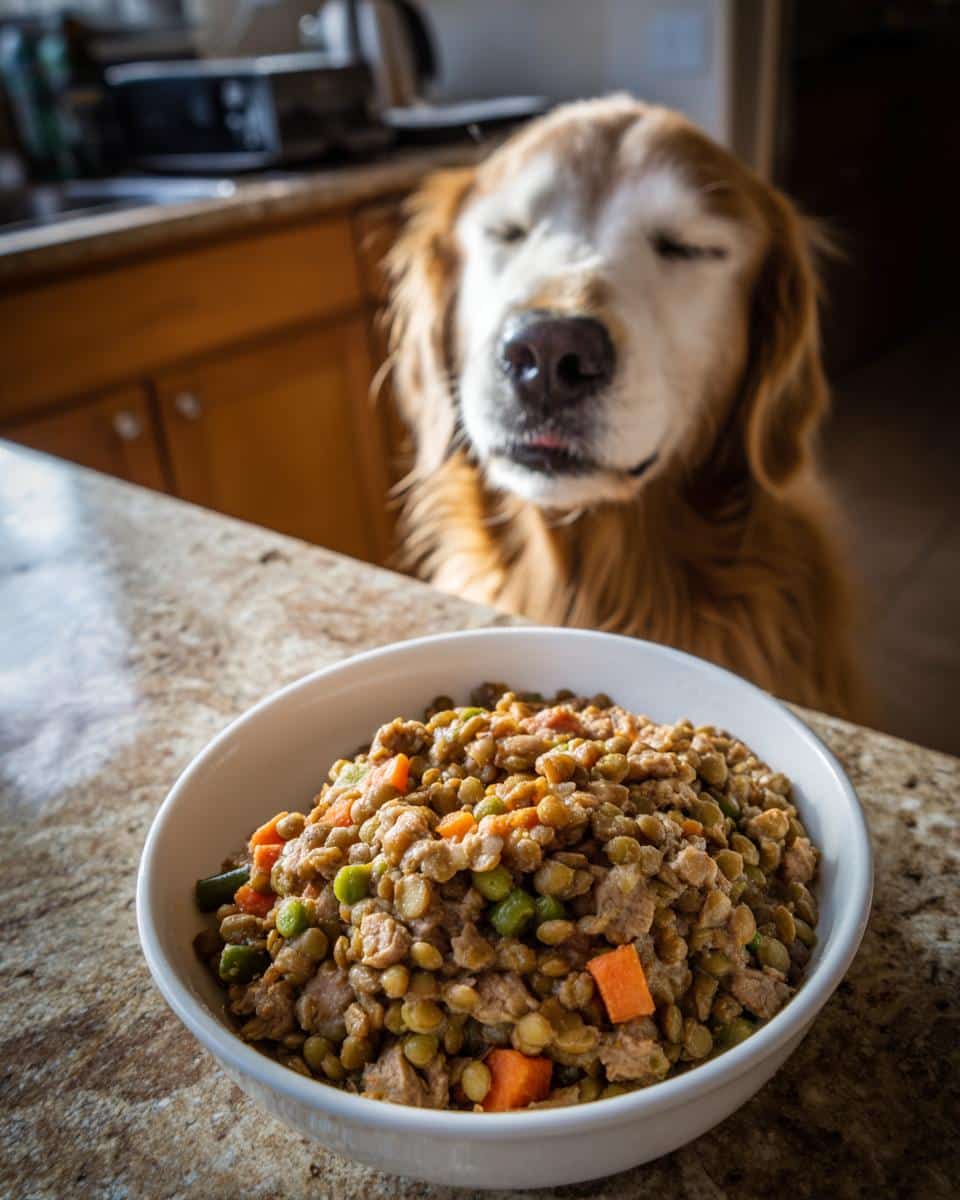 Golden retriever eagerly awaits a bowl of Crockpot Lentil & Turkey Dog Food.