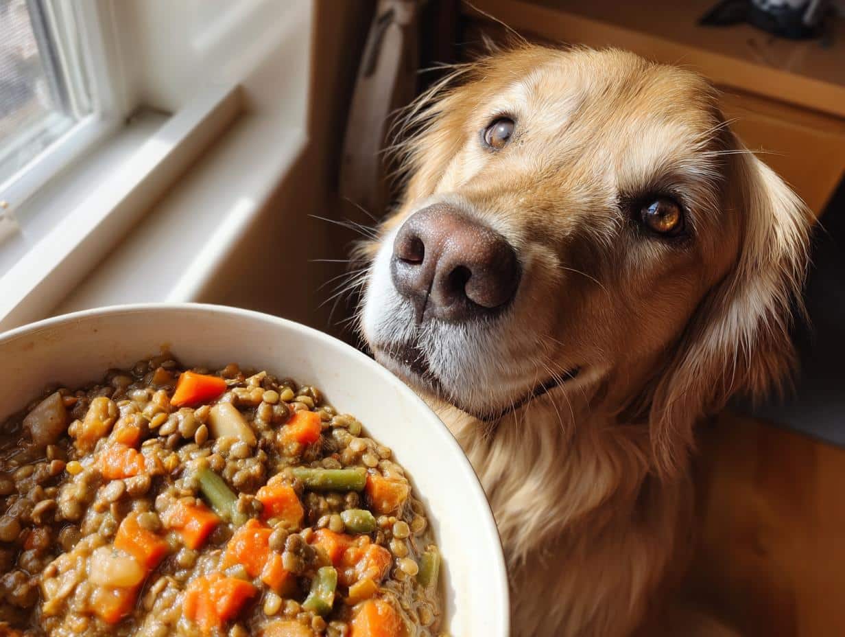 Golden Retriever dog looking longingly at a bowl of Crockpot Lentil & Turkey Dog Food.